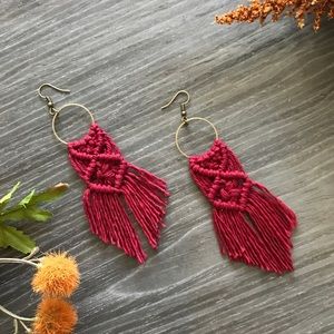 Macrame Boho Statement Earrings Long  wine red M